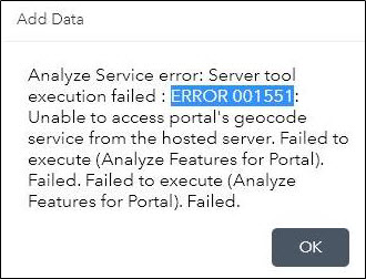 Abbildung mit Error 001551, der bei der Batch-Geocodierung mit einem benutzerdefinierten Geocoder in Portal for ArcGIS zurückgegeben wird