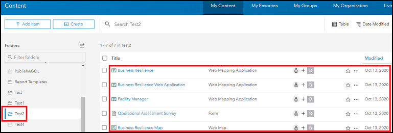 ArcGIS Online の Test 2 フォルダーの内容物を示す画像。