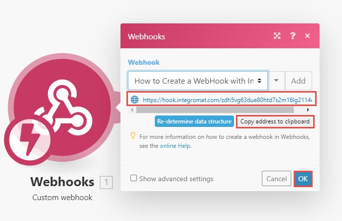 Imagen que muestra el nombre del webhook y los botones Copiar dirección en el portapapeles y Aceptar.