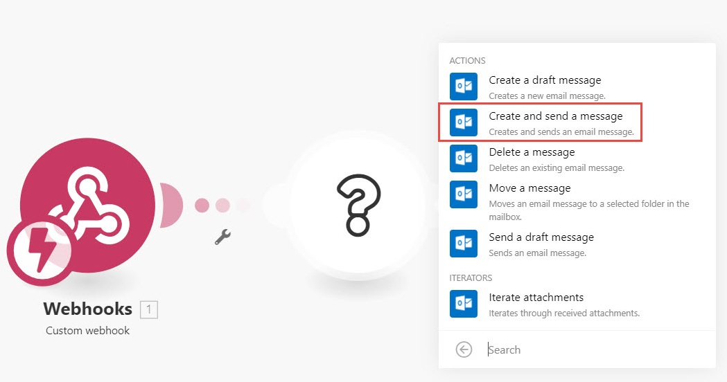 Imagen que muestra las opciones Correo electrónico de Microsoft 365 y Crear y enviar un mensaje seleccionadas.