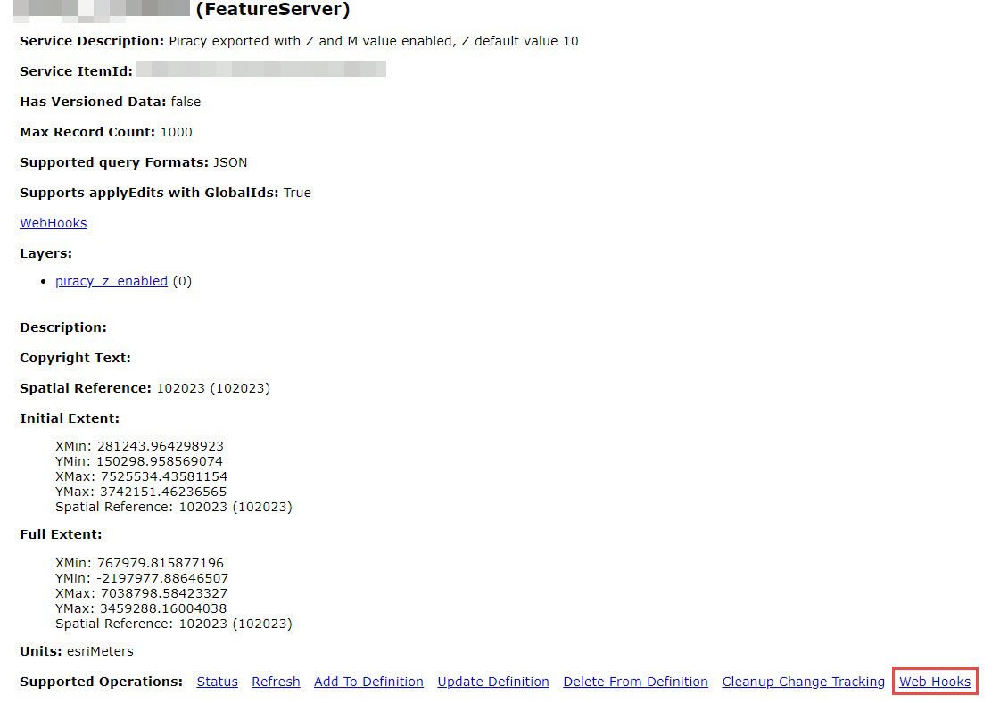 Imagen que muestra Web hooks en la parte inferior de la página REST del servicio de entidades.