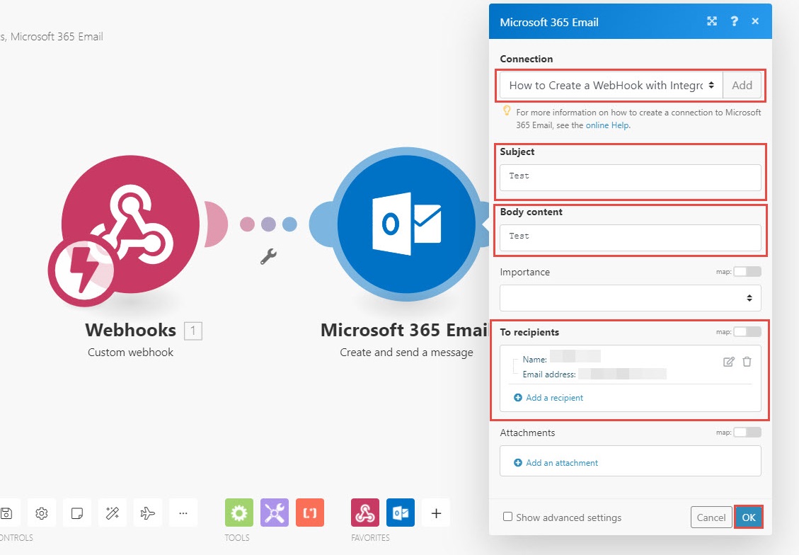 Imagen que muestra los campos Conexión, Asunto, Contenido del mensaje, Nombre y Dirección de correo electrónico del destinatario, así como el botón Aceptar.