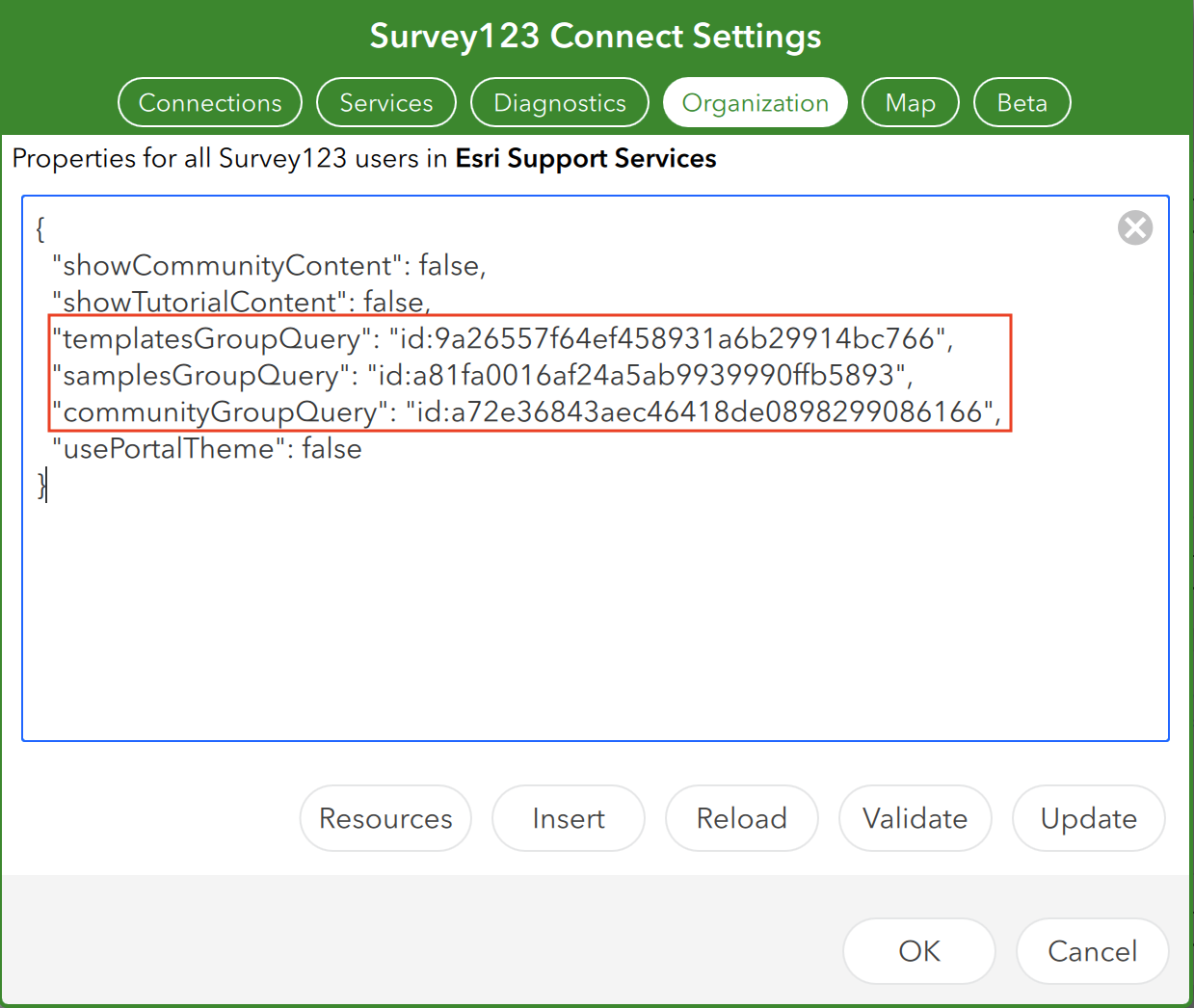 ArcGIS Survey123 Organization properties.