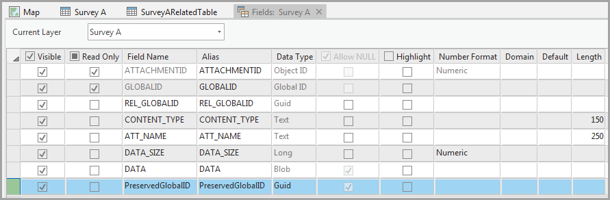 Imagen de cómo agregar un nuevo campo GUID a la tabla de atributos de Survey A