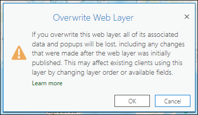 Das Dialogfeld mit der Warnung beim Überschreiben eines Web-Layers in ArcGIS Pro.