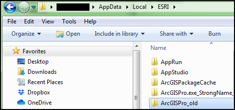 图像显示 AppData 本地配置文件下的 ArcGISPro 文件夹