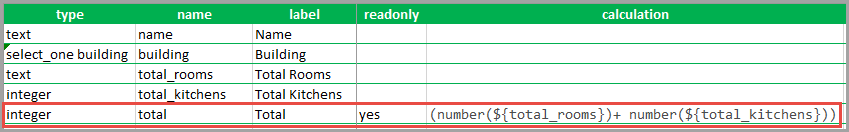 Imagen del ejemplo del cálculo configurado de la suma total entre dos tipos de datos diferentes.