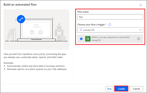 Image of the Build an automated flow window in Microsoft Power Automate