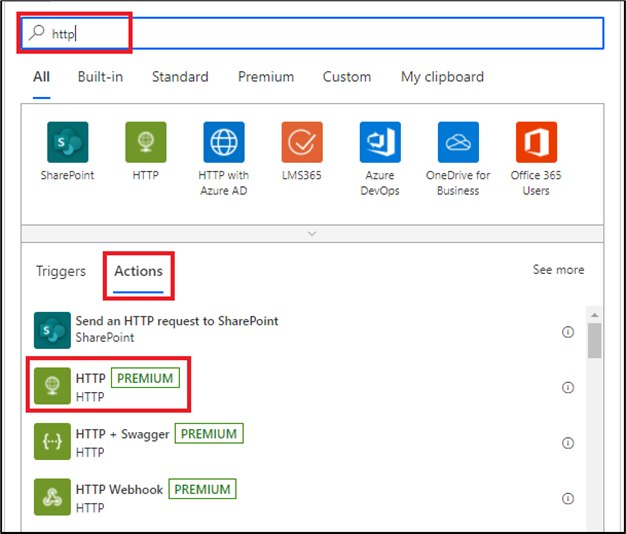 Add the HTTP action to the flow.