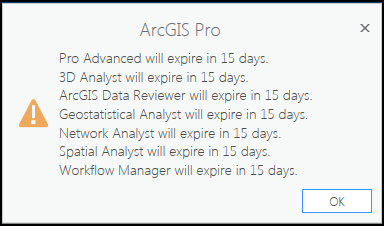 启动 ArcGIS Pro 时，ArcGIS Pro 软件和相关扩展模块许可到期通知的警告消息。