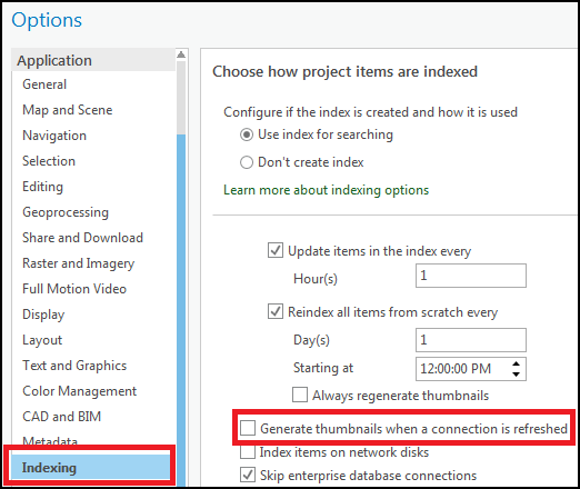 Imagem mostrando como desabilitar Gerar miniaturas quando uma conexão é atualizada na caixa de diálogo Opções no ArcGIS Pro.