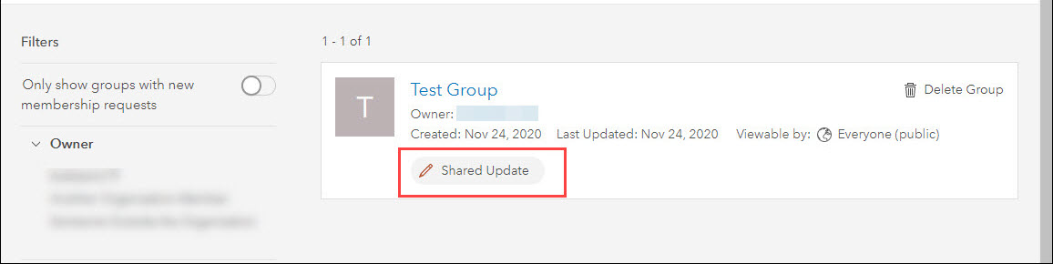 具有更新功能的 ArcGIS Online 群组显示为“共享的更新”