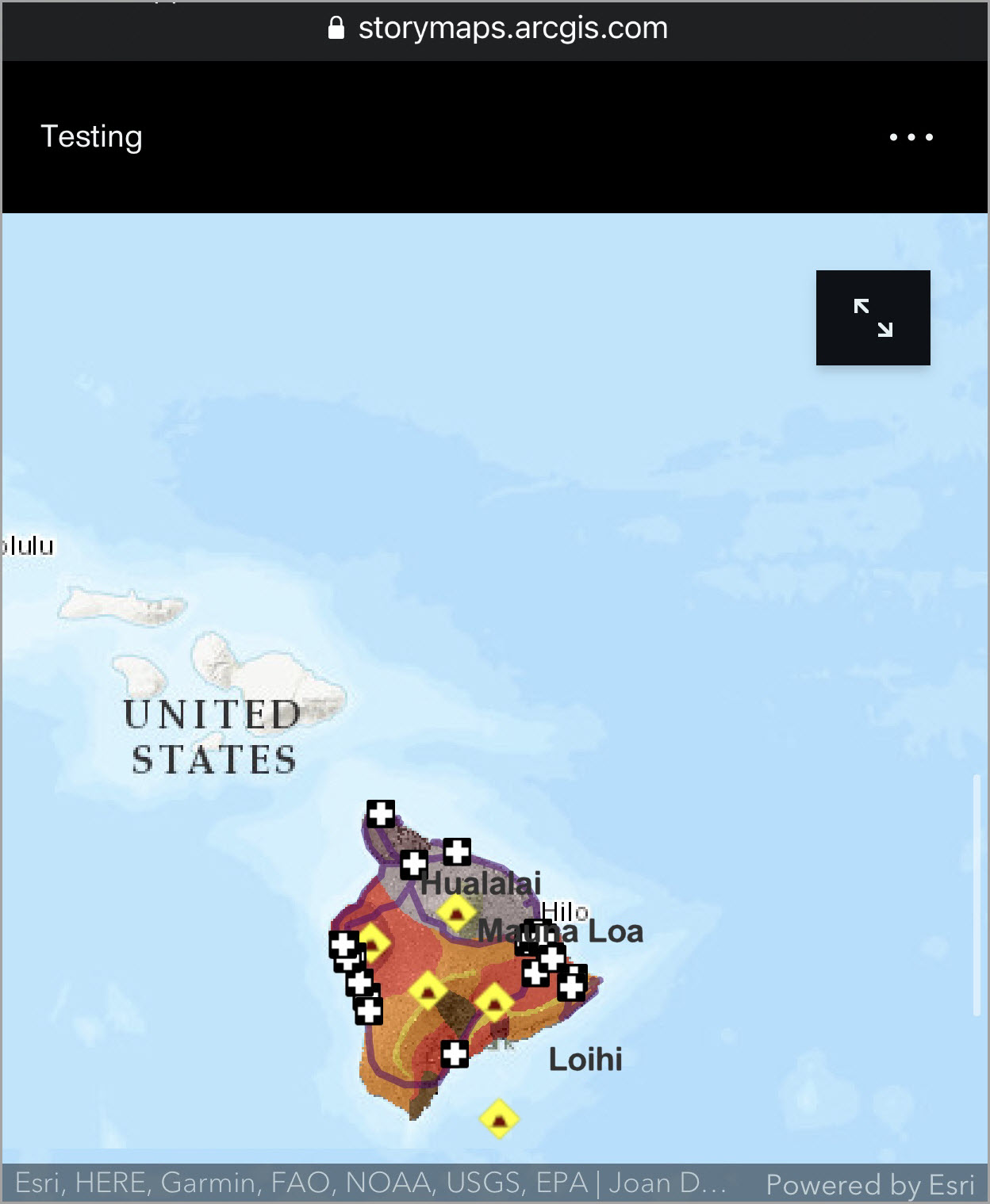 The web browser of the iOS device showing the embedded map successfully loaded.