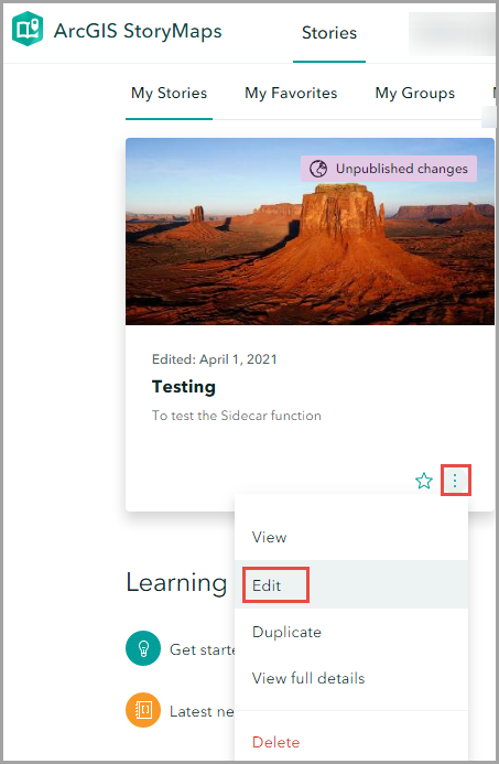 The ArcGIS StoryMaps window.