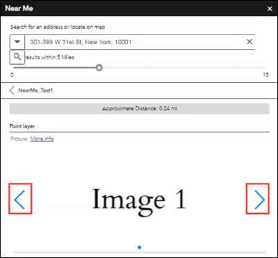 Imagen del resultado de la búsqueda en el widget Cerca de mí que muestra los iconos siguiente y anterior