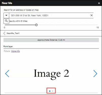 Imagen del resultado de la búsqueda en el widget Cerca de mí que muestra los iconos siguiente y anterior
