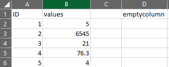 Imagem de um arquivo CSV no Excel mostrando colunas vazias para nomes de campo.