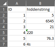 整数フィールドに文字列値が含まれた (左揃えされているフィールド) Excel の CSV ファイルの画像。