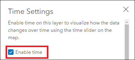 Captura de pantalla de la Configuración de tiempo en la página de detalles del elemento de la capa en ArcGIS Online.