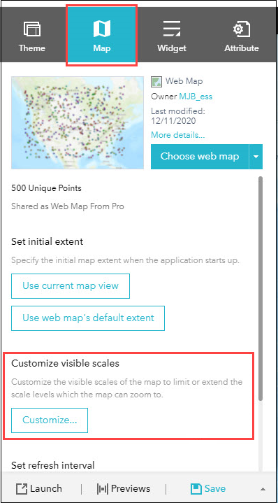 La imagen muestra la pestaña Mapa en el editor de aplicaciones.