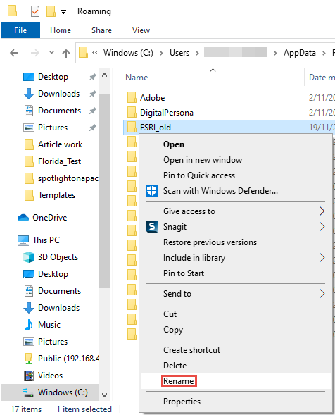 Der Speicherort des AppData-Ordners von Esri in Windows Explorer