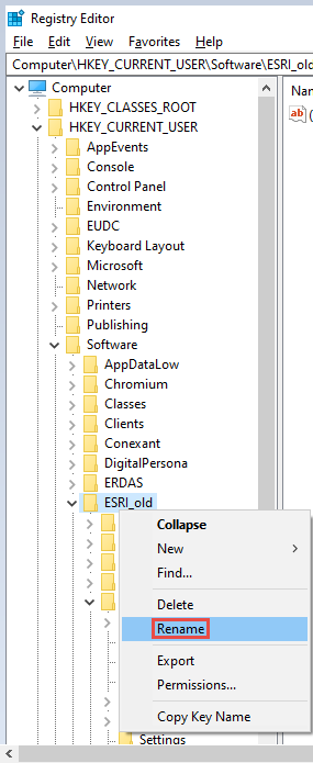 Umbenennen des Esri Registrierungsschlüssel-Ordners im Registrierungs-Editor von Microsoft Windows