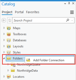 フォルダー接続を追加するための ArcGIS Pro の [カタログ] ウィンドウ
