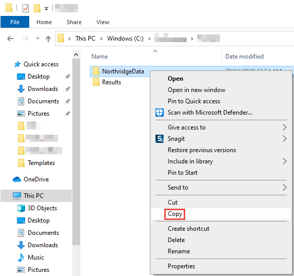 プロジェクト フォルダーのコピーがある Microsoft Windows エクスプローラーのウィンドウ