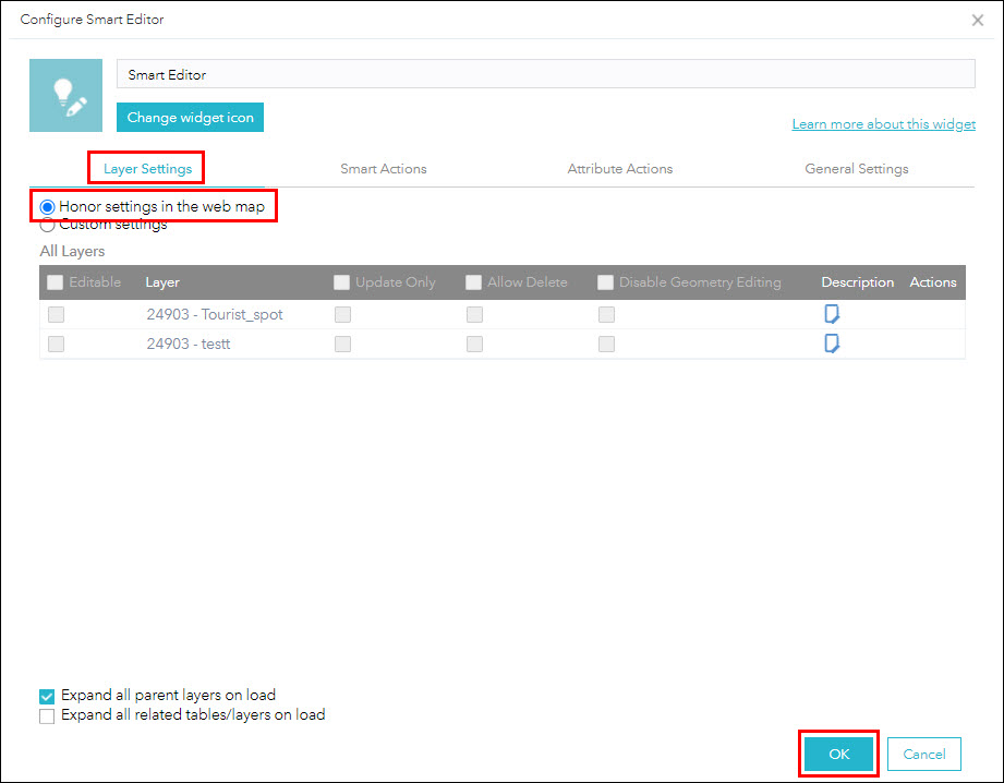 The Configure Smart Editor window with Honor settings in the web map enabled.