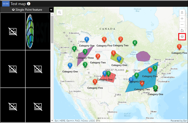 Mapa no aplicativo configurável Visualizador de Anexo com polígono e camadas de ponto e o ícone Lista de Camada são exibidos.