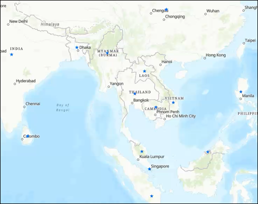 Mapa mostrando os países asiáticos simbolizados por um símbolo de estrela azul. Os países simbolizados no mapa são China, Índia, Bangladesh, Sri Lanka, Malásia, Cingapura, Indonésia, Filipinas, Brunei, Tailândia, Camboja, Vietnã, Laos e Mianmar.