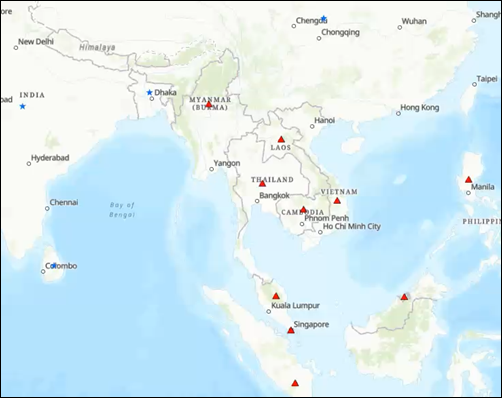 Mapa mostrando o resultado do fluxo de trabalho onde os dez países do Sudeste Asiático, as feições específicas, são simbolizadas por um símbolo de triângulo vermelho. Outros países asiáticos são simbolizados por um símbolo de estrela azul.