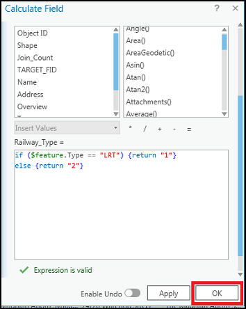 A Calculadora de Campo com etapas para construir, verificar e executar a expressão Arcade no ArcGIS Pro.