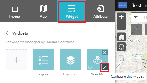 ArcGIS Web Appbuilder 中的“微件”选项卡显示了用于配置“周边”微件的“配置此微件”铅笔图标