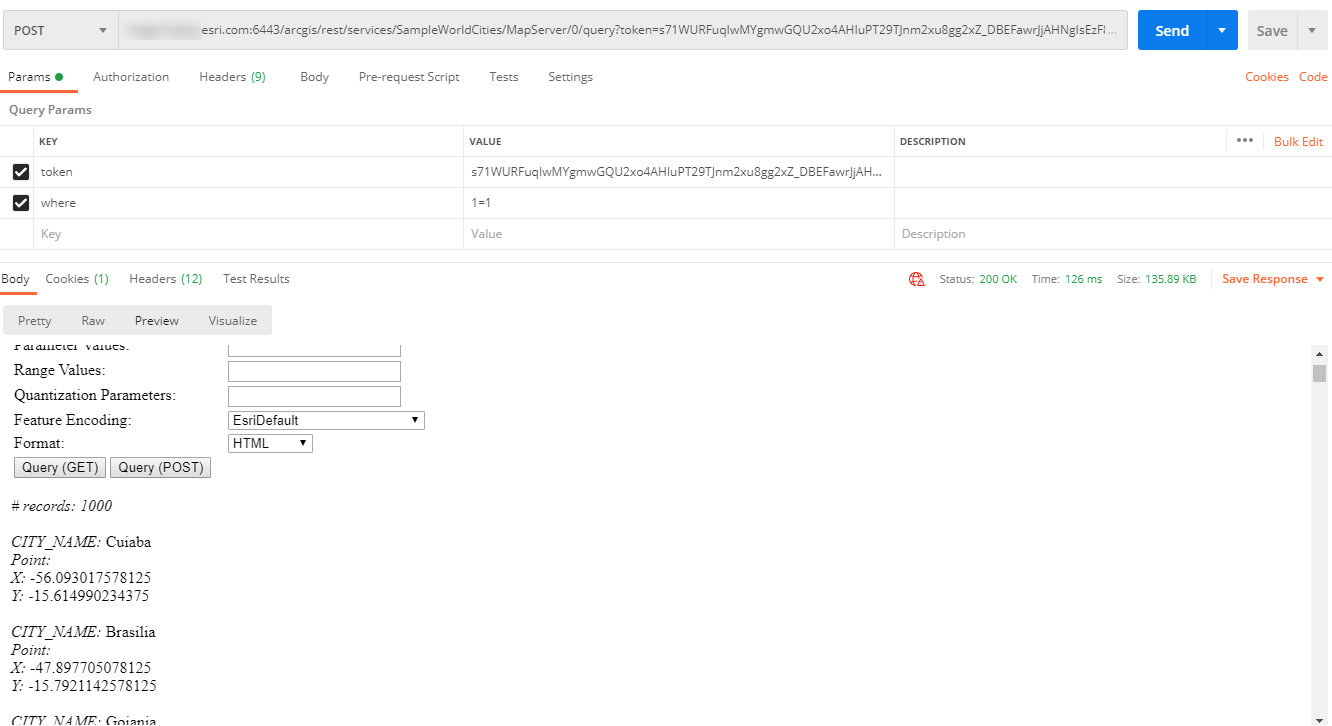 POST 请求使用带有设置参数的令牌并被 ArcGIS Server 接受，从而允许访问所需的服务。