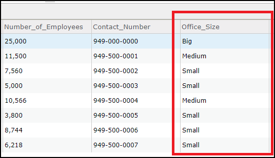 Arcade スクリプトを正常に実行した後、[Office_Size] フィールドが設定された属性テーブル。
