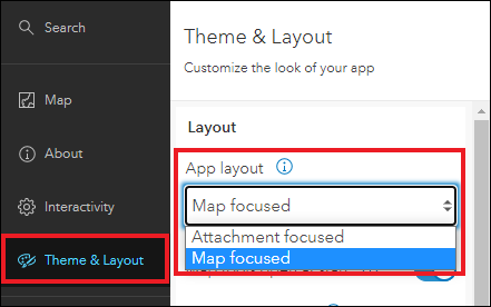 O layout com foco no Mapa, mostrando o mapa, é exibido na camada principal com os anexos e conteúdos de pop-up no painel de informações.