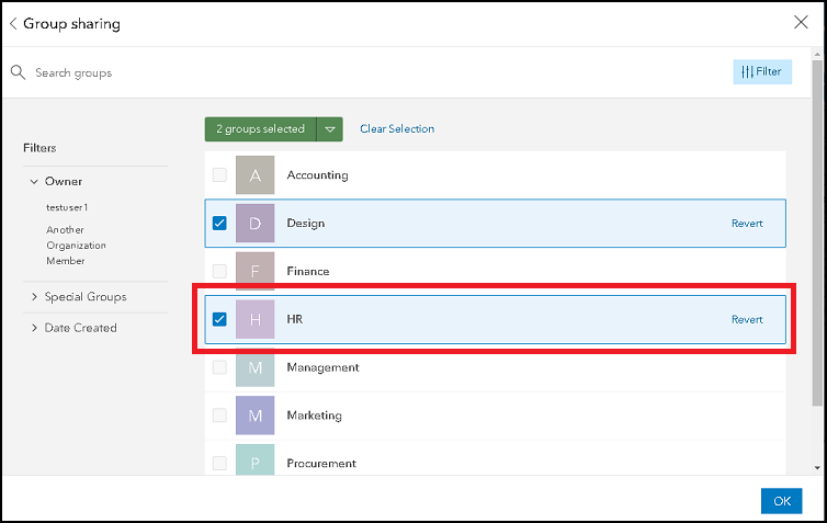 The Group sharing window showing the HR group is displayed.
