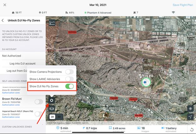 visualização do mapa mostrando como ativar/desativar DJI NO-fly zones