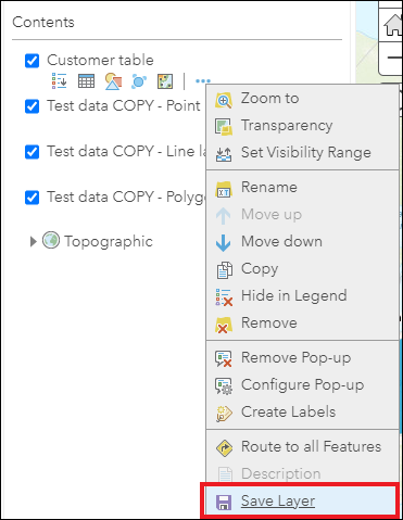 Janela do Map Viewer exibindo a opção Salvar Camada.