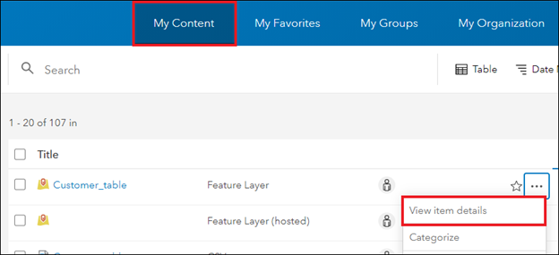 Itens adicionados no ArcGIS Online que inclui uma página de detalhes com informações descritivas.