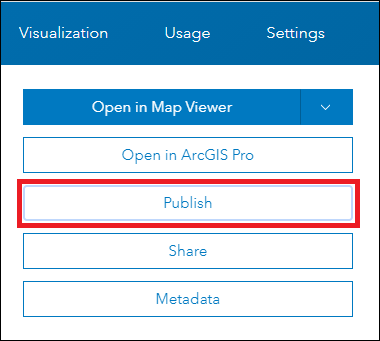 A página de detalhes do item exibindo a camada Publicar como uma opção de camada de feição hospedada no ArcGIS Online.