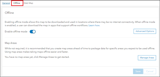 A guia Offline em uma página de detalhes do item de mapa da web.