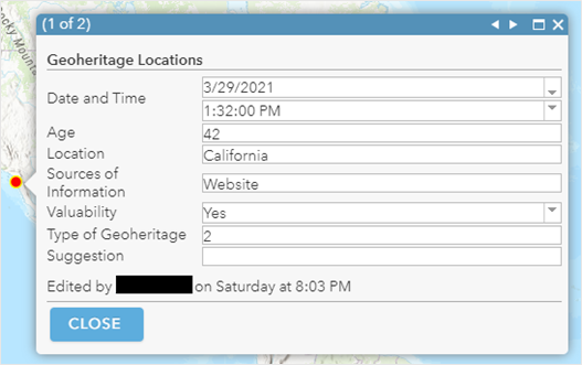 編集のためのすべてのフィールドが表示されているが、[削除] オプションを使用できない、ArcGIS Online Map Viewer のポップアップ。