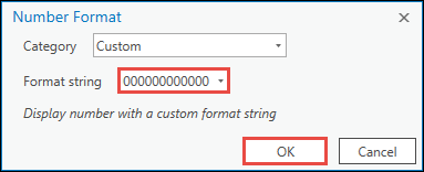Digite 15 zeros, 000000000000000 na seção de string do Formato. Clique no botão OK para fechar a janela Formato do Número.