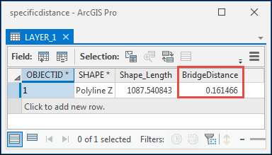 LAYER_1 的属性表，其中“计算几何”工具的结果已从 LAYER_2 中的 ToCalculate 字段复制到 BridgeDistance 字段。