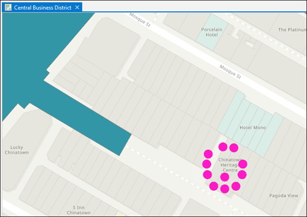 Dispersed labels created by the Maplex Label Engine are displayed on the map, showing all the point features on the identical location.