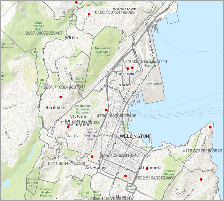 ArcGIS Online に表示されるフィーチャクラスのラベルの例。