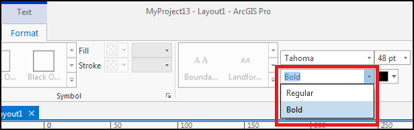 ArcGIS Pro 中未显示“斜体”字体样式选项的“文本符号字体样式”下拉菜单。