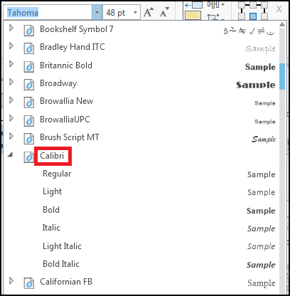 The window showing the font name Calibri selected.